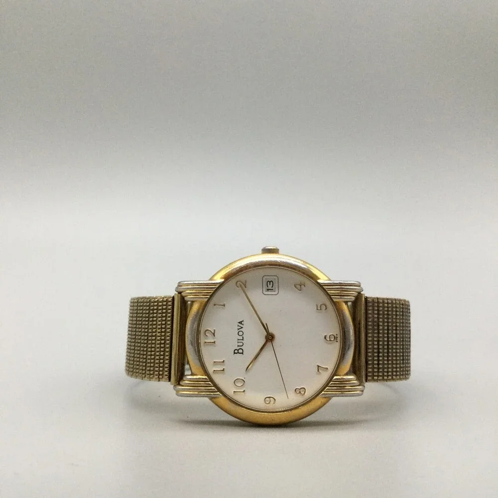 Bulova Mens Watch 33mm White Dial Gold Tone Art Deco Style Date New Battery